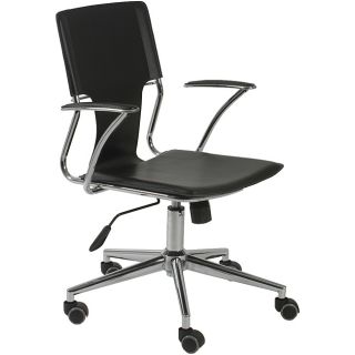 Terry Black Office Chair (BlackMaterials LeatheretteFinish Chromed steelSeat Height 17 20 inchesAdjustable height 34 37 inchesWheels PU castersArms Leatherette and chromed steelDimensions 25 inches wide x 25 deep x 33 37 highAssembly requiredCalifo