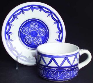 Block China Cote DAzur Flat Cup & Saucer Set, Fine China Dinnerware   Blue & Wh