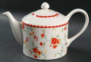 222 Fifth (PTS) Andrea Red Teapot & Lid, Fine China Dinnerware   Floral,Red Edge