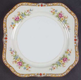 Kikusui Kik1 Square Salad Plate, Fine China Dinnerware   Cream Border, Floral Sp