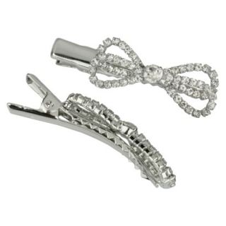 2 Pieces Crystal Bow Clips   Silver