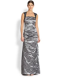 Nicole Miller Felicity Metallic Crinkle Gown   Slate