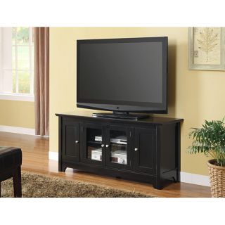 Black Solid Wood 52 inch Tv Stand (BlackGlass TemperedNumber of doors 4Number of drawers NoneNumber of shelves 3TV size Up to 55 inches (TV not included)Back Enclosed with cable management portsAdjustable shelving provides ample storage space for A/