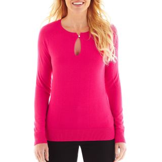 LIZ CLAIBORNE Long Sleeve Keyhole Sweater, Bright Rose, Womens