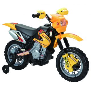 Dirt Bike Yellow 6 Volt Battery Operated Ride on (YellowOn off power switchDrives forwardWorking front light and musicPress button on handlebar to goSpeed 3 mphBattery 6vBattery can run for up to 1 hour on one charge (depending on weight and road condit