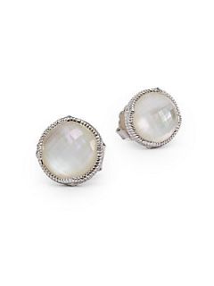 Rock Quartz Crystal, Mother of Pearl & Sterling Silver Button Earri