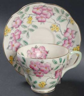 Foley Springdale Pink Footed Cup & Saucer Set, Fine China Dinnerware   Pink&Yell