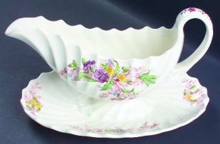 Spode Fairy Dell (Swirled) Gravy Boat with Attached Underplate, Fine China Dinne