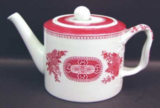 Spode Fitzhugh Red Teapot & Lid, Fine China Dinnerware   Red Band,Flowers,Scallo
