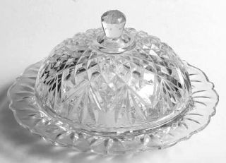 Anchor Hocking Prescut Clear Round Covered Butter   Clear, Pressed Star, Fan Des