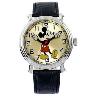 Disney Vintage Mickey Black Leather Strap Watch, Mens