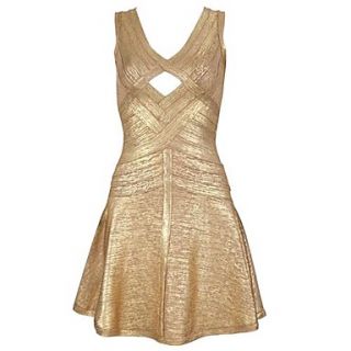 Ladies Sheath V neck Gold Printed Skater Bandage Dress