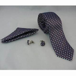 Fashion Mens Casual Plaid Purple Necktie Cufflinks Kerchief Set(Width7CM)