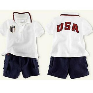 Boys Turn down Collar White Short Sleeve T shirts and Blue Short Pants Casual Sports Twinsets