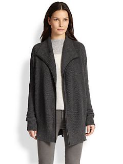 Vince Leather Trimmed Wool & Cashmere Draped Cardigan   Heather Shadow