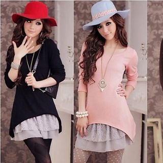 Womens Round Collar Lace Hem Knit Long Sleeved 2 in 1 Cute Dresses