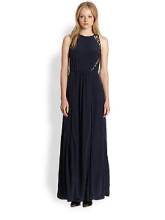 Rebecca Taylor Leather Trimmed Silk Gown   Navy
