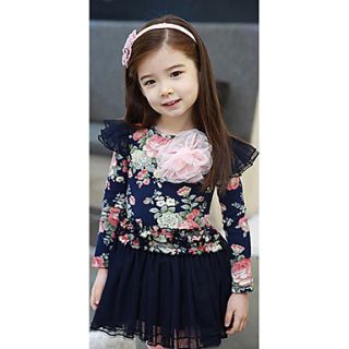 Girls Floral Print Lace Splicing Dresses
