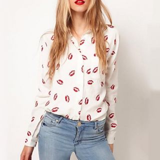Womens Sexy Chiffon Red Lip Kiss Print Long Sleeve Button Shirt
