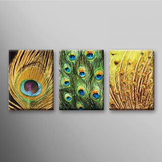 Hand Painted Oil Painting Animal Peacock Feather with Stretched Frame Set of 3 Ready to Hang