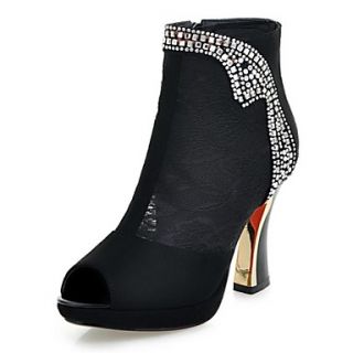 Suede/Lace Womens Spool Heel Peep Toe Fashion Ankle Boots With Rhinestone