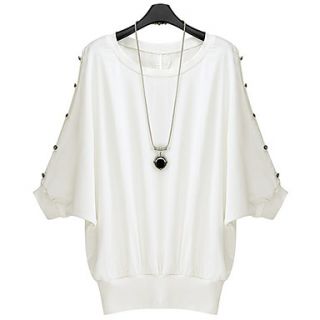Lishang Womens Fashion Bat Sleeve Button Decorative Cut Cout Short Sleeve Shirt(White)
