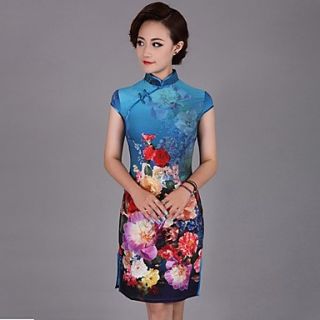 Yeshu Mandarin Collar Elegance Floral Printing Bodycon Short Cheongsam (Blue)