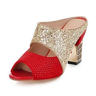 Faux Leather/Sparkling Glitter Womens Chunky Heel Slide Slippers with Rhinestone Shoes(More Colors)