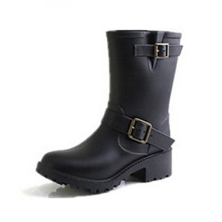 Rubber WomensChunky Heel Rain Mid calf Boots with Buckle