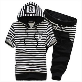 Mens Hoodie Sports Casual Short Sleeve Stripes Contrast Color Suits