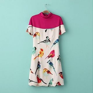 Womens Stand Collar Vintage Short Sleeves Casual Dress with Birds Printing