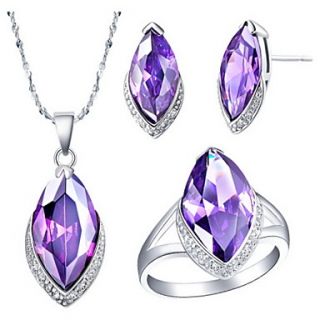Charming Silver Plated Cubic Zirconia Olivary Womens Jewelry Set(Necklace,Earrings,Ring)(Red,Purple)