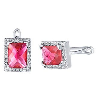 Classic Silver Plated Silver With Red Cubic Zirconia Rectangle Shape Womens Earring