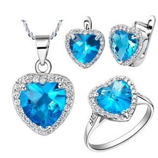 Classic Silver Plated Blue And Clear Cubic Zirconia Heart Of The Ocean Womens Jewelry Set(Necklace,Ring,Earrings)