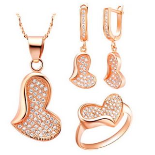 Delicate Silver Plated Cubic Zirconia Irregular Heart Womens Jewelry Set(Necklace,Earrings,Ring)(Gold,Silver)