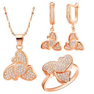 Original Silver Plated Cubic Zirconia Triangle Flower Womens Jewelry Set(Necklace,Earrings,Ring)(Gold,Silver)