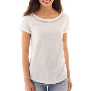 Beaded Wide Scoopneck Tee, White, Womens