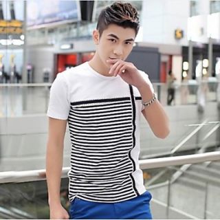 Mens Round Neck Slim Casual Short Sleeve Stripes Splicing T shirt(Acc Not Included)