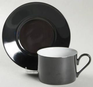 Swid Powell Basic Black Flat Cup & Saucer Set, Fine China Dinnerware   Solid Bla