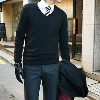 Mens V Neck Autumn Trend All Match Slim Fashion Thicken Long Sleeve Sweater Jumper