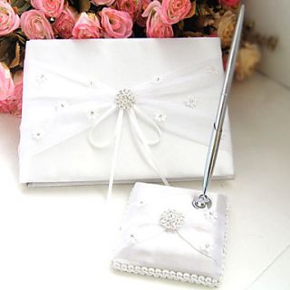 White and Ivory Satin Wedding Rhinestone Guest Book And Pen Set