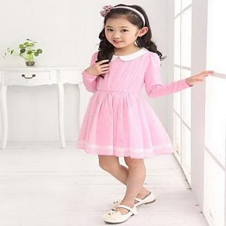 Girls Round Collar Solid Color Long Sleeve Dress