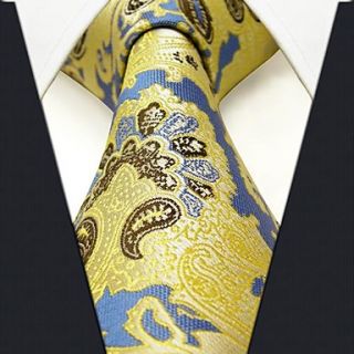 Mens Casual Floral Print Yellow Silk Necktie
