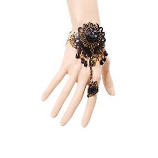 Elonbo Black Beads And Black Flowers Gothic Lolita Bracelet With Ring