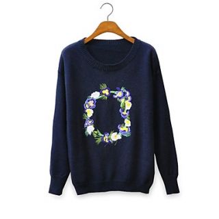 Women Embroidered Flower Garland Round Neck Long Sleeved Knit Pullover Sweater Woman