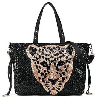 Womens Popular Fashion PU Leather with Sequins Leopard Head Handbag(Lining Color Randoms)