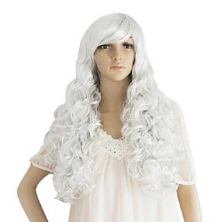 Long White Synthetic Wavy Wig Side Bang