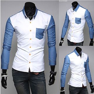 Shishangqiyi Denim Stitching MenS Casual Long Sleeved Shirt(Light Blue)