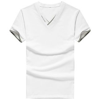 ARW Mens Leisure Solid Color Short Sleeve V Neck White Shirt