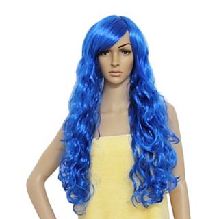 Blue Long Synthetic Wavy Wig Side Bang